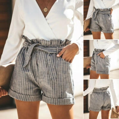 

Women Summer Striped Shorts Trouser Beach Drawstring High Waist Casual Hot Pants
