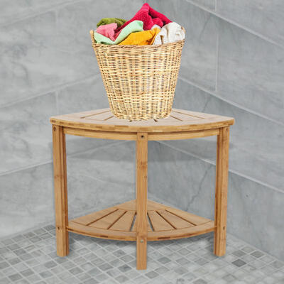

Greensen Premium Bamboo Corner Shower Stool Bathroom Chair with Shelf Shower Bathing Organizer