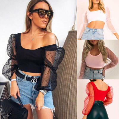 

US Women See-through Sheer Mesh Dot Blouse Puff Long Sleeve T-shirt Tops Shirts