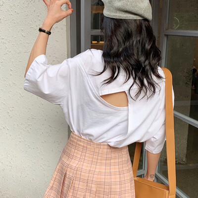 

Summer Tops Womens Western Style O-Neck Solid Short Sleeve Backless Loose Simple Pullover Loose T-Shirt camisetas verano