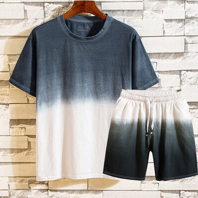 

Toponeto Mens Summer New Cotton Linen Shortsleeved Short Pant Fashion Gradual Color Suit