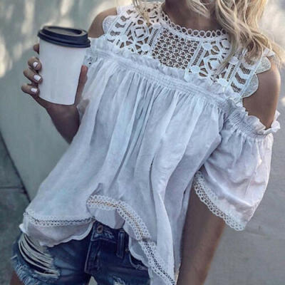 

Women Summer Lace Cold Shoulder Short Sleeve Shirt Casual Tops T-Shirt Blouse CA