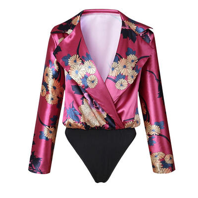 

Sexy Floral Print V-Neck Bodysuits Women Spring Long Sleeve Party Jumpsuit