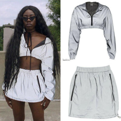 

2Pcs Women Reflective Tracksuit Crop Top Short Skirt Bodycon Sport Gym Outfit US