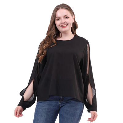 

Plus Size Pure Color Round Neck Tops Women Hollowed Long Sleeve T-shirts