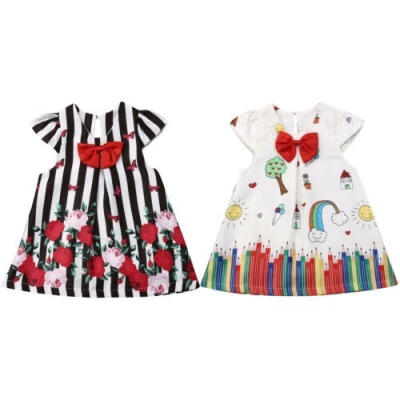 

Newborn Baby Girls Short Sleeve Stripe Dresses Floral Party Wedding Princess Tutu Dress