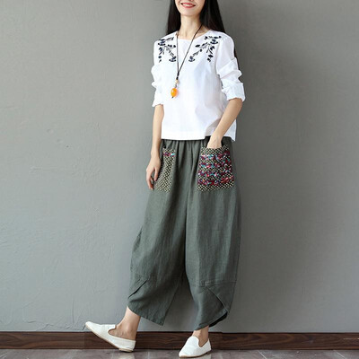 

Vintage Women Ethnic Splicing Harem Pants Elastic Waist Wide Leg Trousers Baggy Loose Cotton Linen Pants