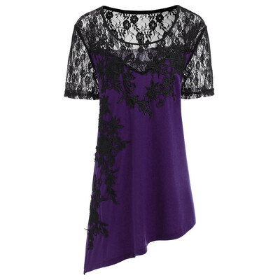 

Roseonmyhand Plus Size Womens Appliques Blouse Floral Lace Asymmetric T-shirt Tops