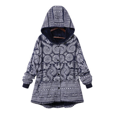 

Womens Retro Ethnic Print Hooded Winter Warm Coat Long Sleeve Jacket Outwear