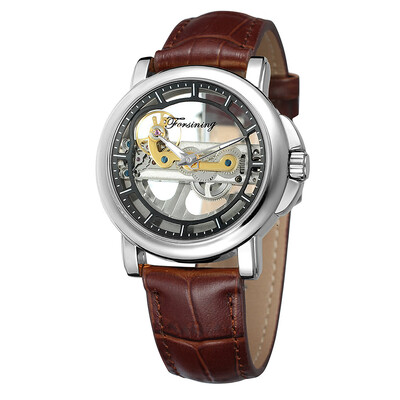 

FORSINING high-grade waterproof leather steel belt double through hollow automatic mechanical watch mens watch