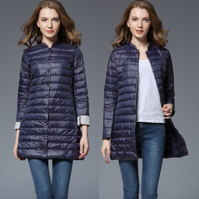 

Roseonmyhand Womens Casual O-neck Light Coat Solid Color Long Button Pocket Down Jackets
