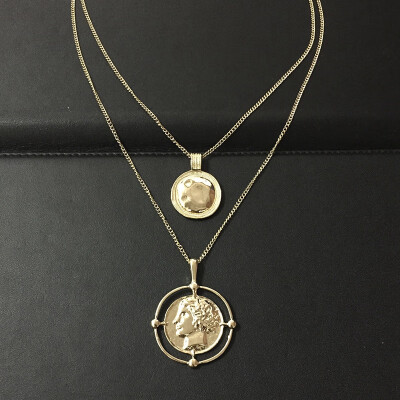 

Vintage Pendant Necklace Bohemian Female Double-layer Necklace Retro Gold Carved Coin Necklace Circle Jewelry Collares New 2019