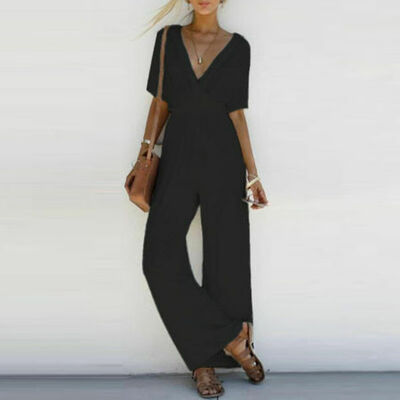 

Women V Neck Loose Playsuit Short Sleeve Jumpsuit Romper Long Trousers Plus Size