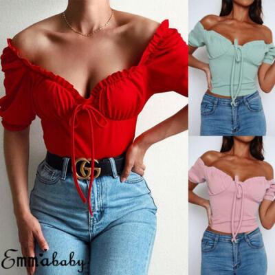 

UK Womens Off Shoulder Short Sleeve Ruffles Crop Tops T-Shirts Skinny Bralette