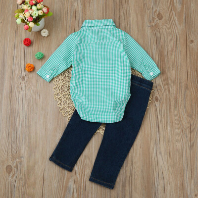 

Toddler Kids Baby Boys Outfit Clothes Tie Plaid Tops ShirtJeans Long Pants 1Set