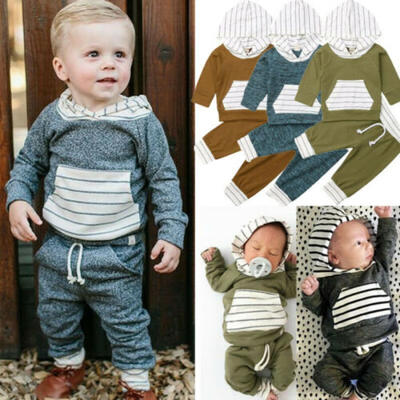 

US Infant Baby Boy Girl Striped Hooded TopsPants Kids Outfits Warm Clothes Set