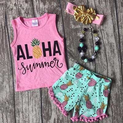 

3PCS Kids Baby Girls Pineapple Outfits Clothes Sleeveless Tops Shorts Pants Set 1-6Y