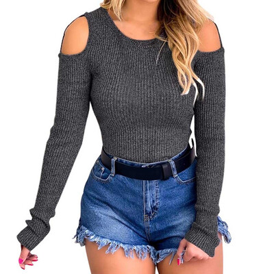 

Fashion Women Sexy O-neck Strapless shoulder Tight Solid color Top