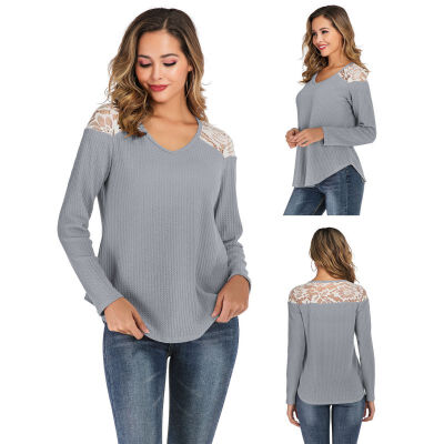 

Women Autumn Concise Casual Lace Long Sleeve Round Collar Tops