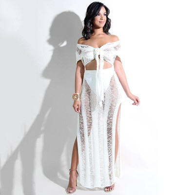 

Sexy Women Two-piece Set Sheer Knitted Crop Top V Neck Bodycon Slim Split Long Skirt Solid Suits BlackWhiteCamel