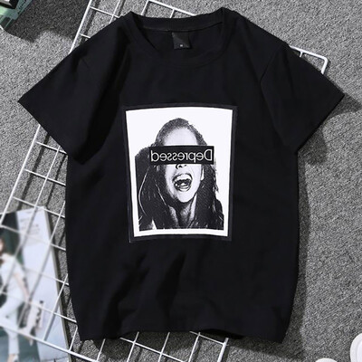

Womens Korean Style Round Neck Weird Head Portrait Print Short Sleeve Pullover T-Shirt