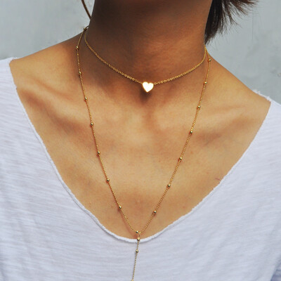 

Europe&the United States peach heart necklace heart pendant copper bead chain long clavicle chain neck chain metal ladies choker wholesale