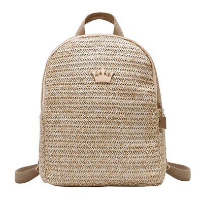 

Straw Woven Travel Backpacks Women Shoulder Schoolbags Crown Decor Knapsack