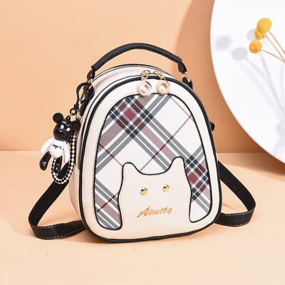 

New cute cat decorative check small round bag shoulder bag student Korean version ins wind children fun shoulder bag