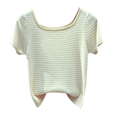 

Women Striped Print Square Collar Loose Tshirt Tops Summer Loose Casual Short Sleeve Simple Knit Wild T-Shirt