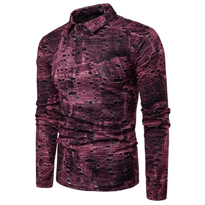 

Mens Long Sleeve T Shirt Modal fibre Shirts Casual broken hole Lapel Neck Tops