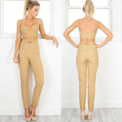 

New Women Casual Pants Pencil Trousers High Waist Pockets Solid OL Work Wear Leggings With Belt Khaki