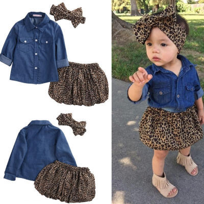 

3PC Toddler Baby Girls Dress Denim ShirtLeopard Skirt Headband Kids Clothes Set