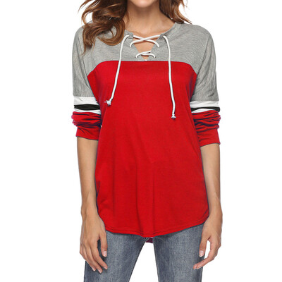 

Nomeni Women Casual Long Sleeve Solid Color Blocking Striped V-Neck Blouse tops