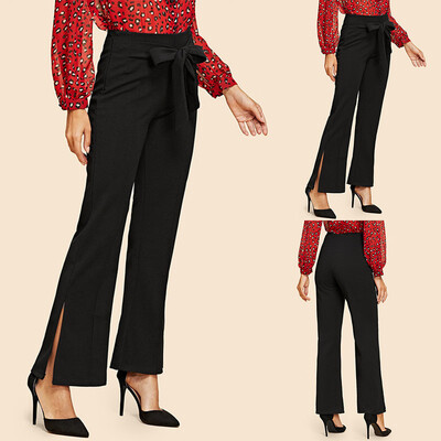 

Tailored Womens Summer Solid Color Trousers Bow Split Nine Pants Wide Leg Casual Pants
