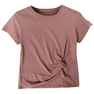 

Women Summer Casual Comfortable All-match Sparkly Twist Knot Short Sleeve Crop T-shirt