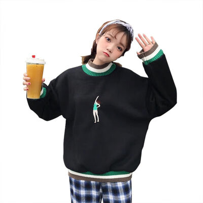

Hoody Women Winter New Embroidered O-Neck Lantern Sleeve Cartoon Pattern Pullover Plus Size Fashion Sweet Womens Sweatshirtw