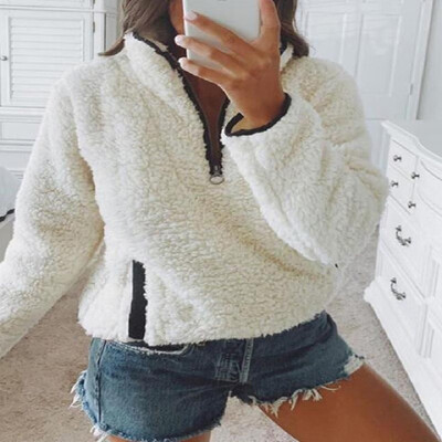 

Solid Zipper Dual Pockets Lapel Long Sleeve Teddy Top