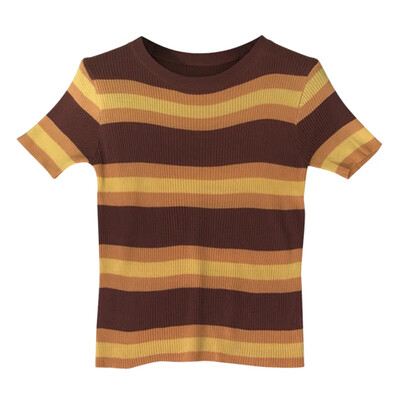 

Women tshirt Summer Casual Comfortable sunmmer t shirt Short Sleeve Rainbow Stripe Slim Fit Knitwear T-shirt