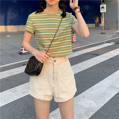 

Girls Short T-Shirt Slim Short T-Shirt Loose Wild Color Striped T-Shirt Summer Small Fresh Short Sleeve T-Shirt