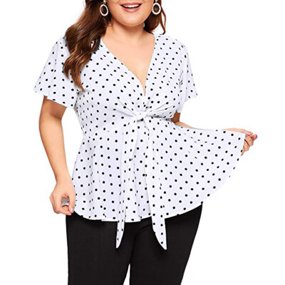 

Starmoon Womens Plus Size V Neck Short Sleeve Shirt Top Polka Dot Knot Front Blouse