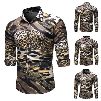 

Tailored Mens Autumn New Casual Fashion Leopard Slim Lapel Long Sleeve Shirt Tops Blouse