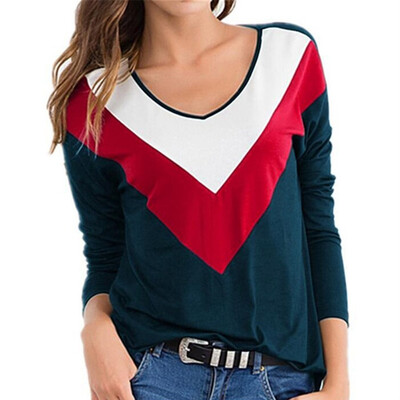 

2019 Autumn Fashion Women Color matching Casual Wild O-neck Long sleeves T-shirt