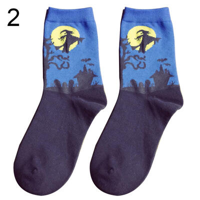

Halloween Party Haunted House Print Women Breathable Cotton Middle Tube Socks
