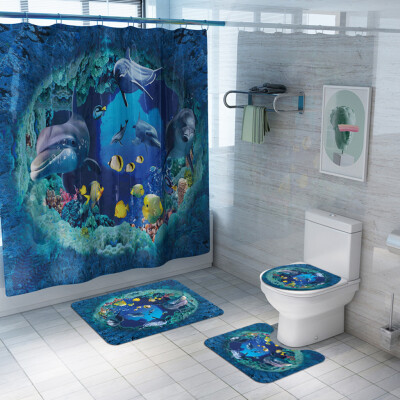 

〖Follure〗4PCS Shark Deep Sea Waterproof Shower Curtain Pedestal Rug Bath Mat Toilet Cover