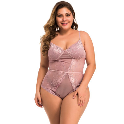 

Gobestart New One Piece Women Plus Size Mesh Lace V-Neck Teddy Lingerie Jumpsuit Underwear