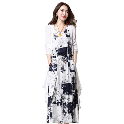 

2pcsset Women Printing Large Size Maxi Bodycon A-line Sundress Cardigan