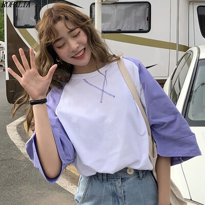 

Womens INS O-Neck Half Sleeve Color Block Patchwork Loose T-Shirt Simple Korean Style Casual T-Shirts