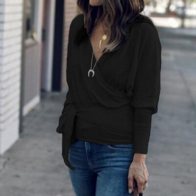 

2019 Autumn Women Fashion V-neck Long sleeve Lacing Solid color Top Sweater