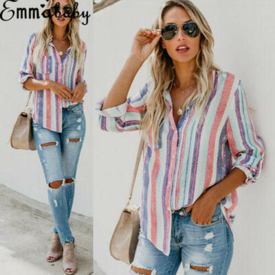 

Women V-neck Long Sleeve Casual Shirt Ladies Striped Tops Blouse T-Shirts 2019