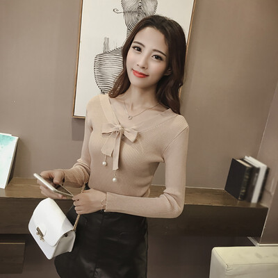 

Autumn Casual Solid Long Sleeve Women Bow Button T-Shirt Fashion Elegant V-Neck Knitted Slim Tops Knitwear